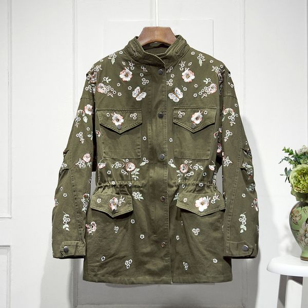 

2020 spring autumn fashion embroidery flowers windbreaker women stand collar long sleeve temperament outwear ladies jacket h450, Black;brown