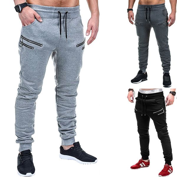 

spring and autumn new zipper stitching drawstring sports pants men pencil pants solid color casual trousers men's sweatpants, Black