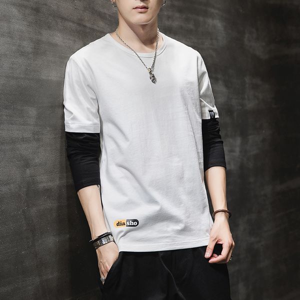 

t-shirt mens spring harajuku men clothing hip-hop stripe splicing tee fake two pieces long sleeve man's t-shirt new 2020, White;black