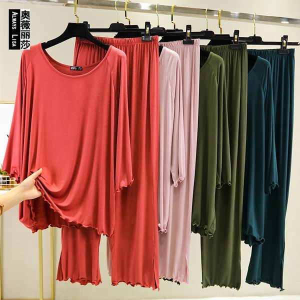 

ioquk seven-point sleeve one-line shoulder big round collar personalized agaric flying sleeve t- pajamas t-shirt pajamas female loose ba, Blue;red