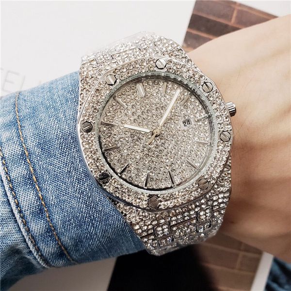 

shinning diamond watch all subdial work mens luxury watches iced out men quartz movement funcion royal oak party wristwatches womens, Slivery;brown