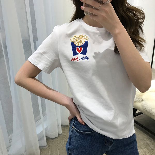 

100% cotton women white embroidery short sleeve t shirt hamburger fries pizza pattern t-shirt