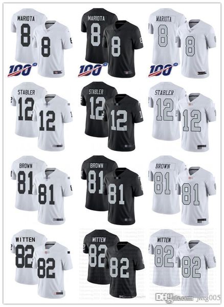 

men women youth las vegas raiders 82 jason witten 81 tim brown 12 kenny stabler 8 marcus mariota 28 josh jacobs football jerseys, Black;red