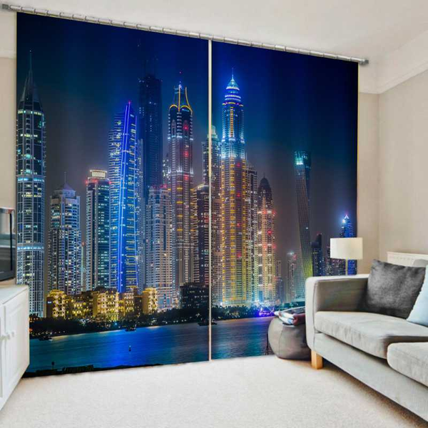 

european curtains p painted 3d curtain living room blue night city building curtains personality