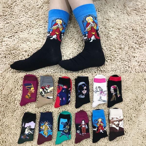 

cross-step art abstract oil painting series couple medium personalized couple socks men's pure cotton medium tube socks, Pink;yellow