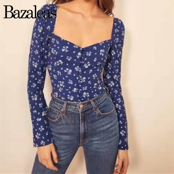 

women's blouses & shirts bazaleas vintage center buttons shirt back elastic women blouse elegant blue floral print blusas mujer de moda, White