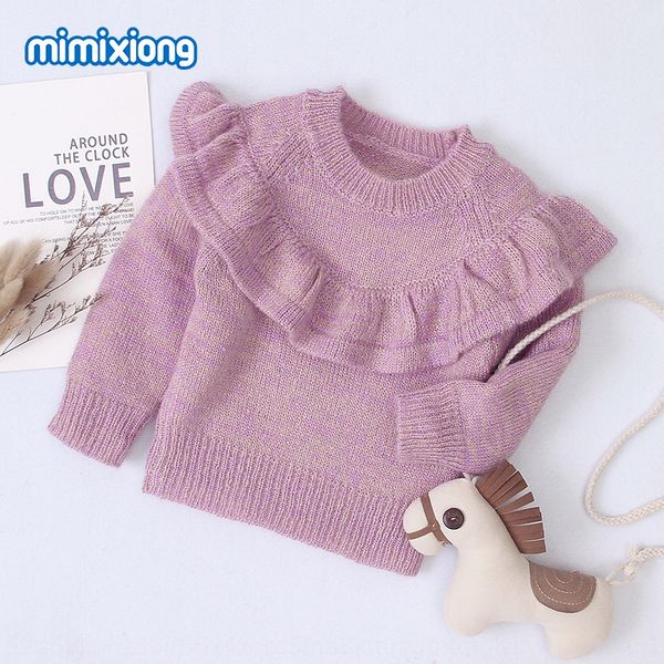 

ins girl's long-sleeved knitted flounced solid color ins girl's long-sleeved knitted sweater sweaterflounced sweater solid color, Blue