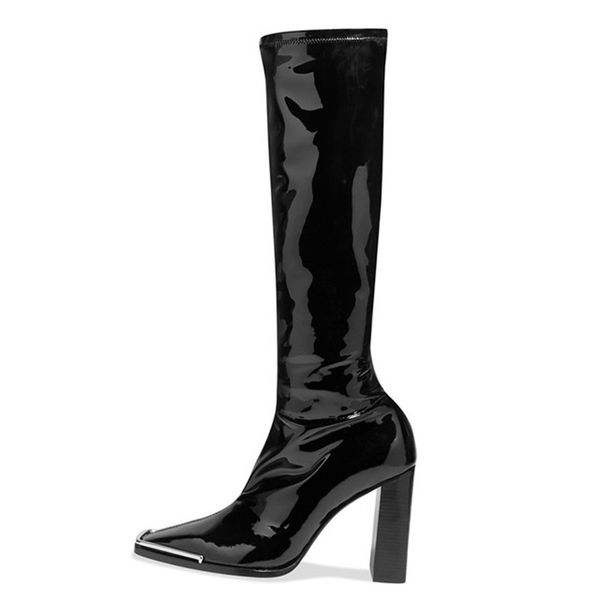 

autumn black patent leather square head women boots 2020new fashion metal decoration square heel women casual boots