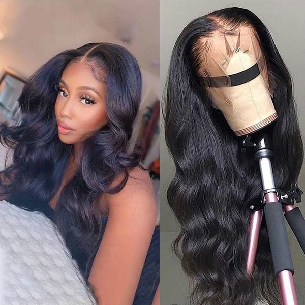 

26 inch 4x4 lace closure wig pre plucked 13x6 lace front wig body wave wig malaysian remy lace front human hair wigs for women, Black