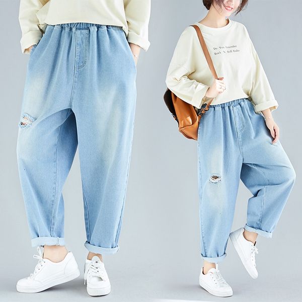 

плюс плюс размера женщины одежды 300 и джинсы jin корейского стиля белых мыть все-матч рваных джинсов 1892, Blue