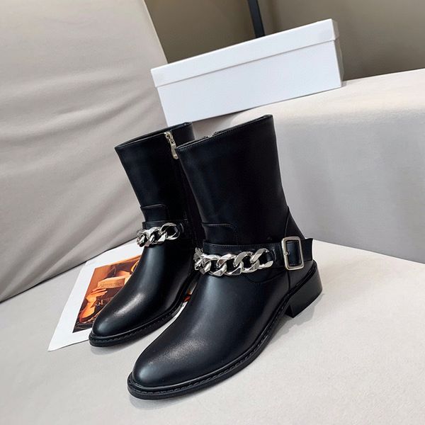 

designer womens boots luxury black side zipper metal chain square buckle round head martin boots with box size 35-40