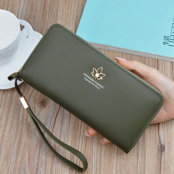 

green color wallet ladies long fashion 2020 japan and south korea zipper large capacity litchi pattern leaf wallet clutch bag 11