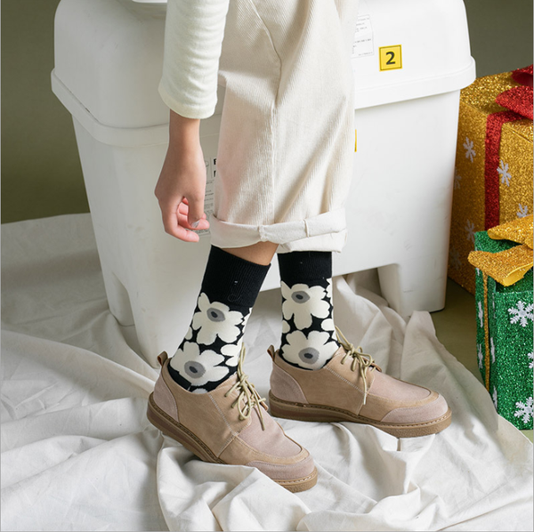 

spring and summer new fashion womens socks korea style flower pattern print socks ins style short socks, Black