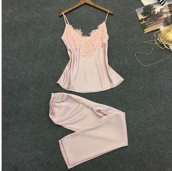 

pajamas two-piece suit home clothes sling home clothes women's fashion casual sling lace satin eighteen, Blue;red