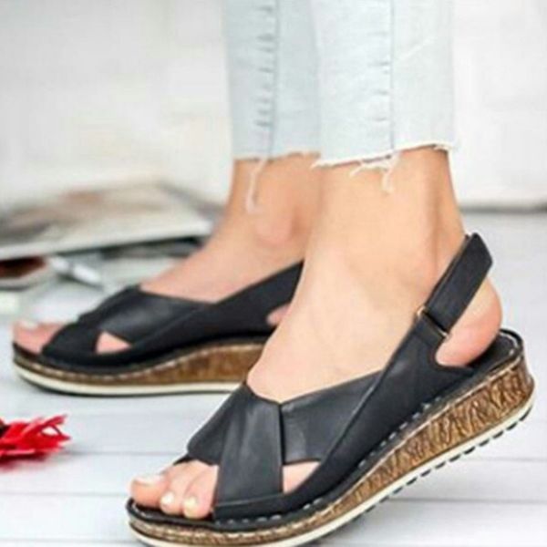 

women sandals summer peep-toe wedge sandals comfortable slip-on flat shoes nyz shop, Black