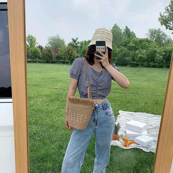 

female straw beach bucket crossbody bags women 2020 summer wicker designer handbags ladies rattan shoulder messenger bag