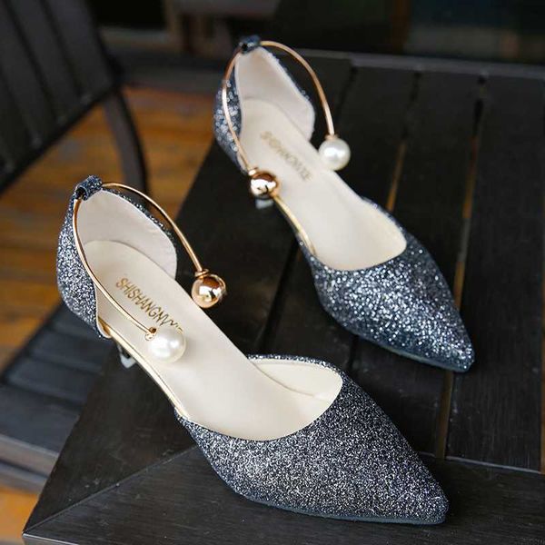 

2020 summer new hollow high heels korean version of the wild pearl  cm stiletto pointed student high heel sandals, Black