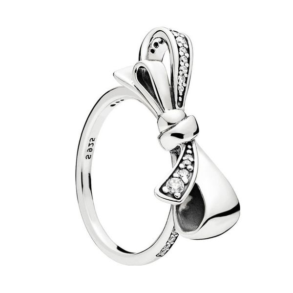 

925 sterling silver brilliant bow ring set original box for pandora women wedding cz diamond bowknot ring, Slivery;golden