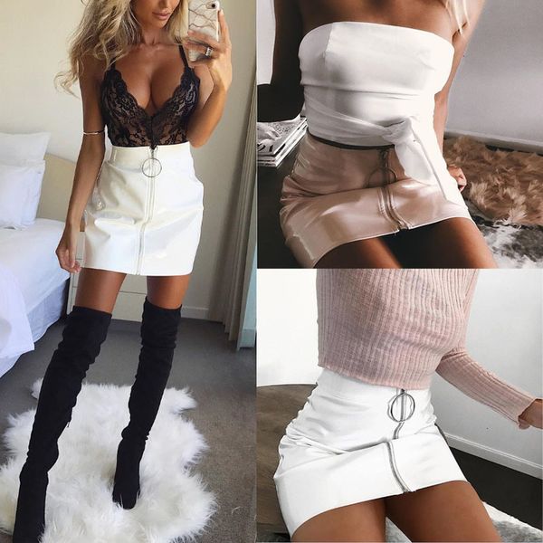 

summer fashion women straight solid empire zipper high waist pu leather mini skirt 3 style outfit party, Black
