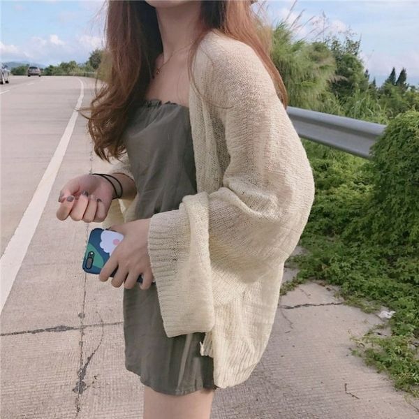 

hong kong chic style lazy loose thin long sleeve knitted all-match slimming shirt wool shirt sunscreen cardigan for women, White