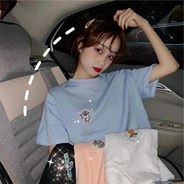 

мультфильм вышивка футболки женщины harajuku simple t shirt сладкие вскользь девушки алмазные сыпучие тройники с коротким рукавом korean stu, White