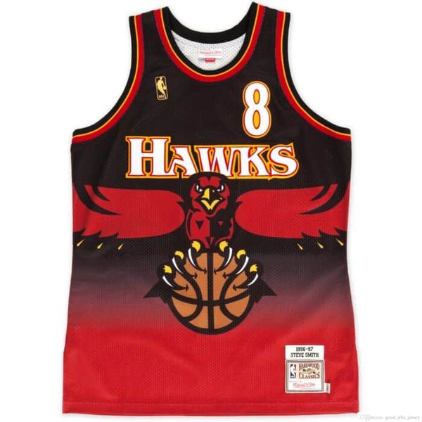

men atlanta hawks steve smith 8 dikembe mutombo 55 mitchell & ness teal road 1996-97 hardwoods classics white authentic jersey, Black;red