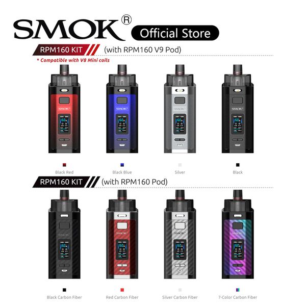 

Смок RPM160 Pod Mod Kit 7.5ml Картридж с 0.15ohm RPM160 Mesh Катушки 160W IQ-160 Чипсет 0.96inch TFT экран Vapor устройства 100% оригинал