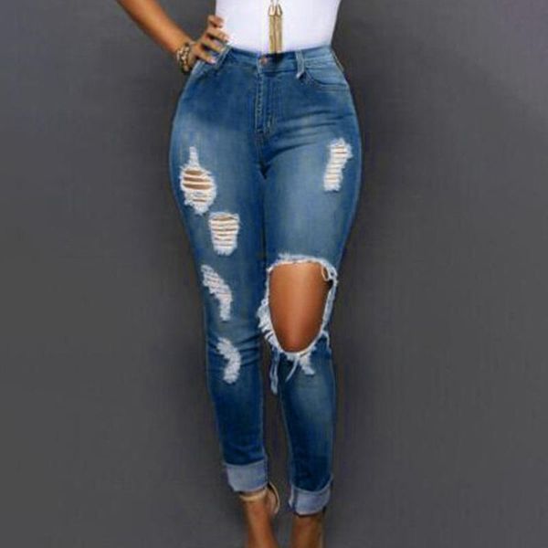 

women button pocket hole high waist skinny jeans pants pencil trousers blue elastic denim pants skinny slim casual jeans