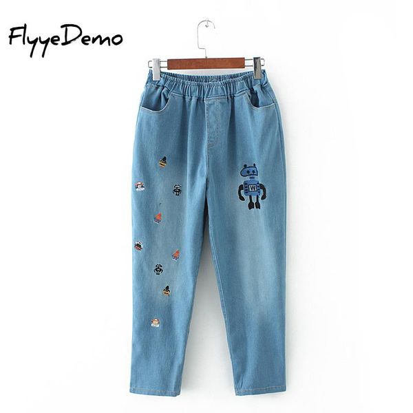 

plus size boyfriend jeans for women 2020 summer cartoon print elastic waist casual bf retro capris denim harem pants loose jeans, Black;white