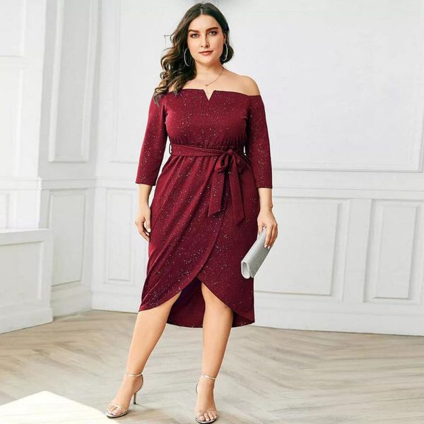 

plus size women casual midi dress off shoulder short sleeve 3/4 sleeve sequins bandage dresses summer dress vestido, Black;gray
