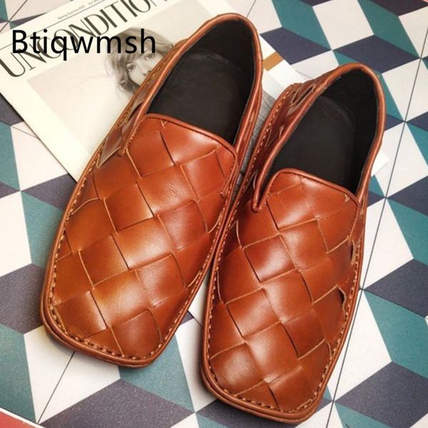 

2020 real leather loafer shoes woman square toe brown leather weaved flat shoes woman fashion casual 2020, Black
