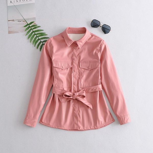 

motorcycle women leather shirt street with belt single buttons pu shirt new autumn winter casual long sleeve blouse, Black