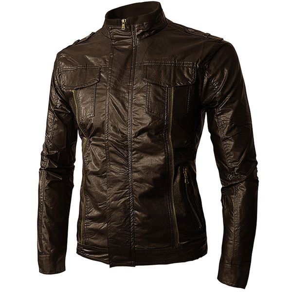 

e-baihui 2021 men stand collar casual motorcycle leather solid color pocket jacket men stand collar pu leather large size slim zipper tight, Black;brown