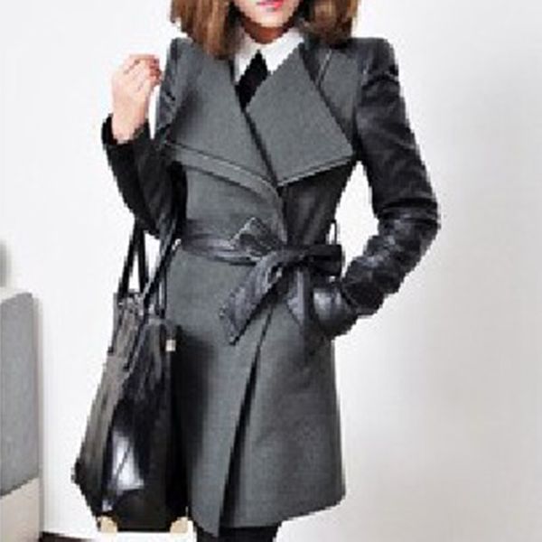 

mid-length plus size women jacket coat new stitching long sleeve wool coat windbreaker casual leather women jacket dr2298, Black;brown