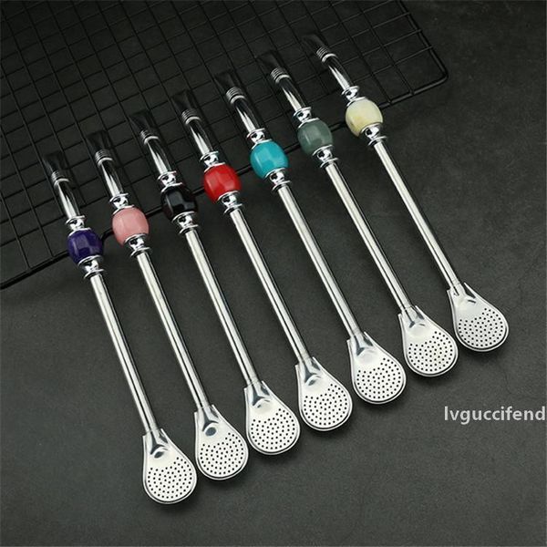

filter straw spoon 304 stainless steel spoon pipe with colorful stones straw and spoon white box packing