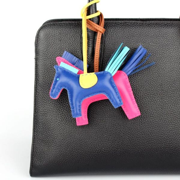 

designer famous soft real genuine leather cute horse keychain pendant for backpack animal key chain women bag charm, Silver