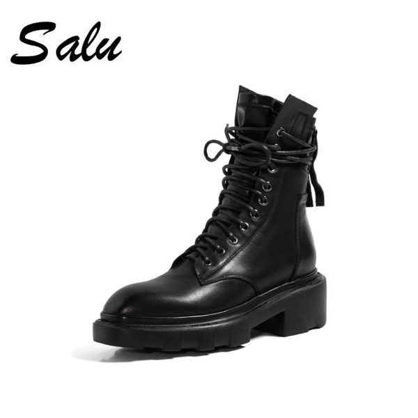 

salu 2020 autumn winter ankle boots genuine leather shoes women wedding shoes woman heels high ankle boots for women, Black