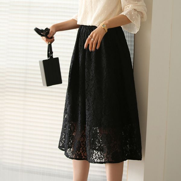 

korean fashion clothes women skirts black apricot tulle harajuku elastic wiast midi elegant lady female bottoms ins style
