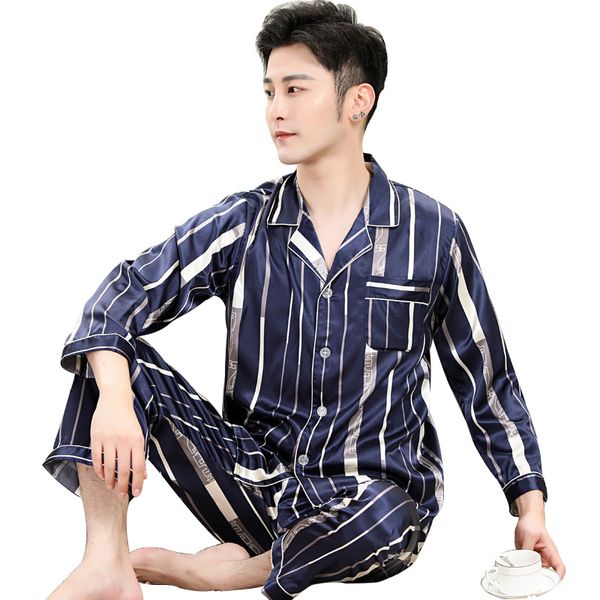 

men's sleepwear classic striped pajamas man set long sleeve summer autumn thin stain ice silk clothing lapel home clothes, Black;brown