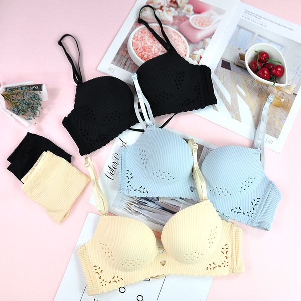 

hollow-out wireless underwear lingerie set women comfortable bra suit sweet girls push up brassiere, Red;black