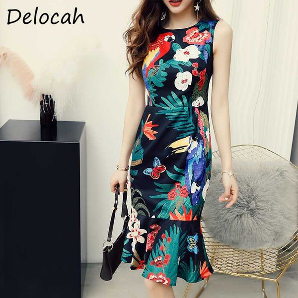 

delocah summer women fashion runwayÂ midi dress sleeveless ruffles floral print elegant bodycon fit party a-line dresses vestidos, Black;gray