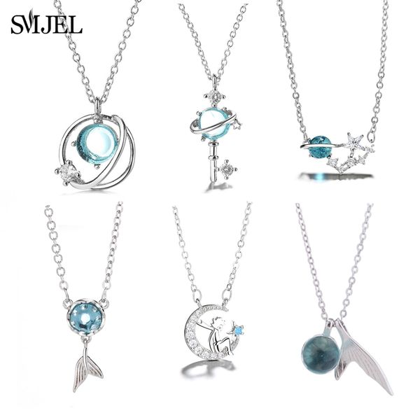 

smjel crystal mermaid tail necklace pendants women magic planet little prince choker necklaces gift for girls, Silver