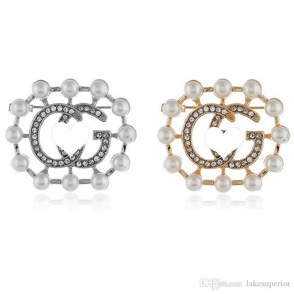 

women pearl rhinestone letter g brooch 3.6*3.2cm letter luxury brooch gold silver fashion jewelry for gift party, Gray