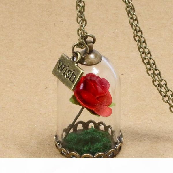 

o beauty and beast necklace rose glass jar necklace little prince red rose wish pendant necklace wfn320 (with chain )mix order 20 piece, Silver