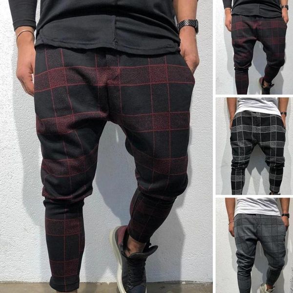 

fashion men 3d plaid print pocket trousers pencil pants casual sports gym wear, Black