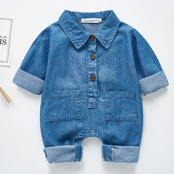 

2020 new spring baby boys romper long sleeved denim romper korean japan style toddler boys girls jumpsuit new born baby clothes, Blue