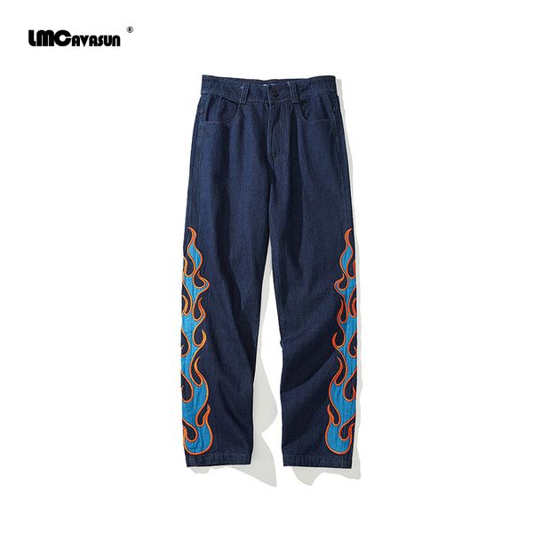 

lmcavasun hip hop jeans men flame embroidery straight loose pants men's casual zipper jeans harajuku jogger, Blue