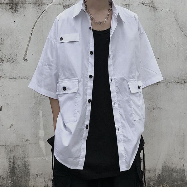 

summer shirt men's fashion solid color multi-pocket tooling shirt men streetwear wild loose korean short-sleeved mens, White;black