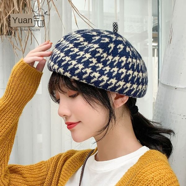 

942 4 thousand bird plaid wool female korean all-match casual hat cute fashion beret wool beret winter hat fashion, Blue;gray