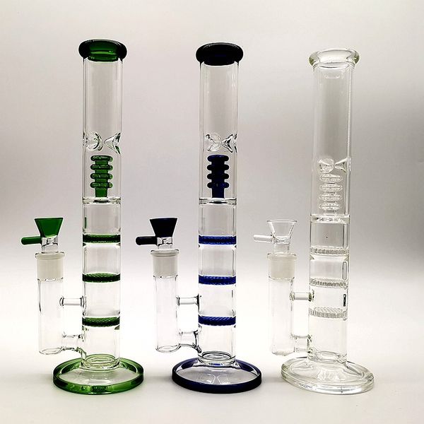 Bong in vetro a tubo dritto alto Tubi per acqua tripli Percolatore a gabbia per uccelli Olio Dab Rigs Giunto da 18 mm Verde Blu Trasparente Con ciotola